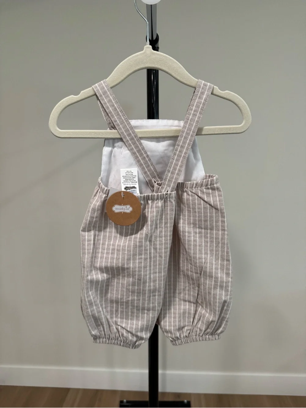 NWT Mud Pie Infant Tan Striped Bubble Romper Overalls, Size 3-6 Months